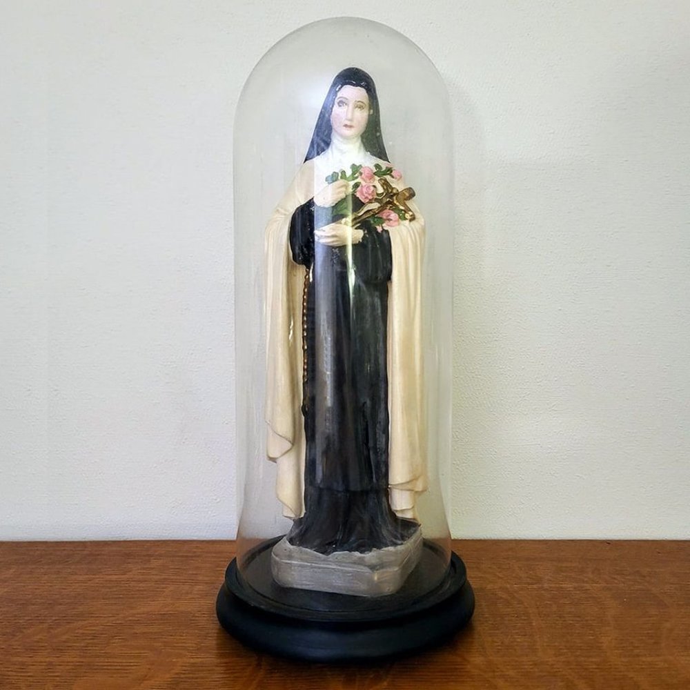 Vintage Chalkware Nun in Dome Cloche Religious